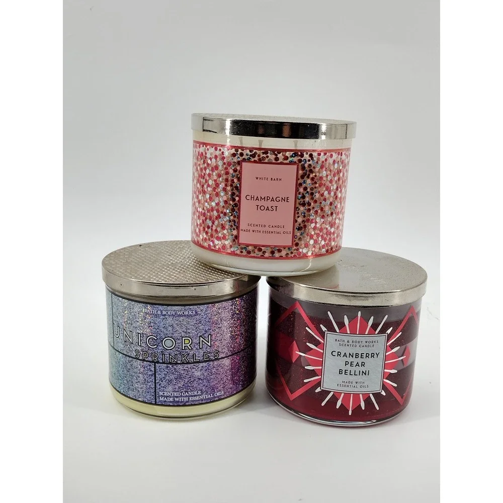 Bath & Body Works 3-Wick Candle Lot Champagne Toast Unicorn Sprinkles Cranberry